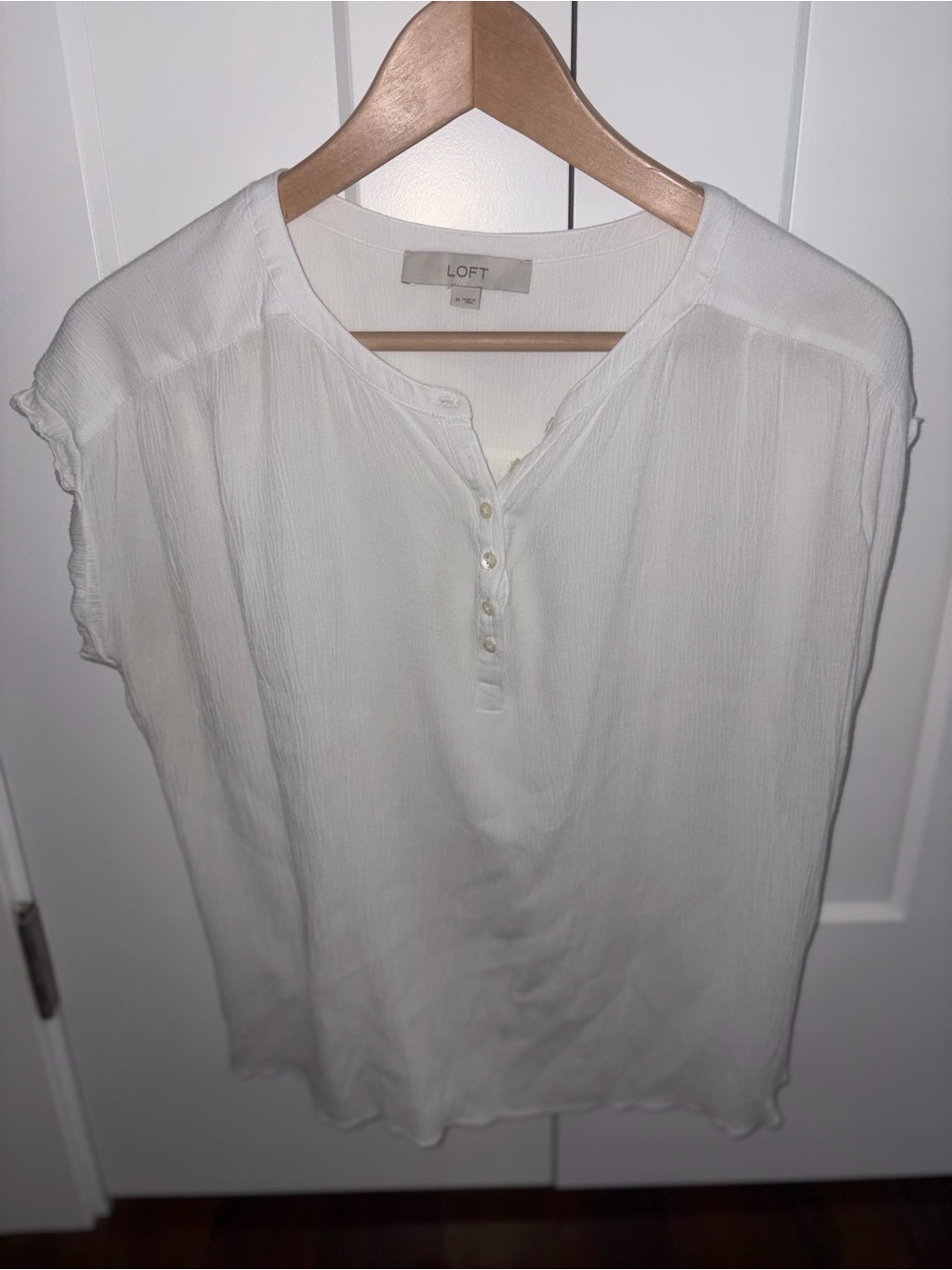 LOFT Mixed Media White Cap-Sleeve Henley Top